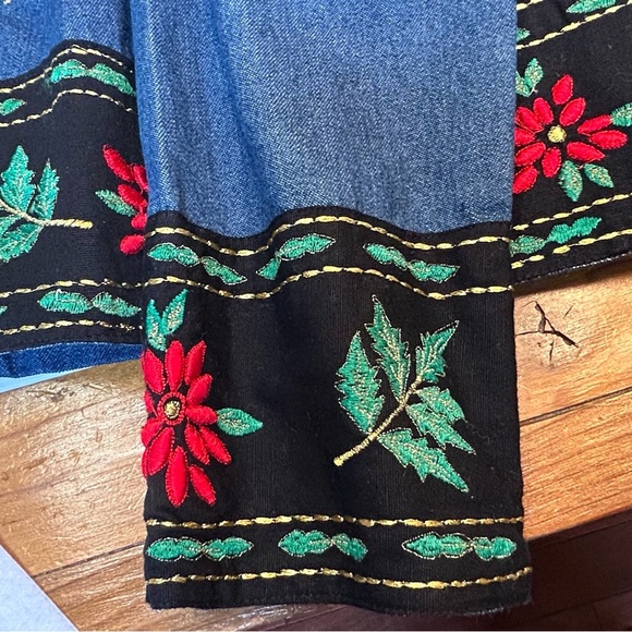Blair Denim Button Down Shirt Jacket with Poinsettia Holiday Embroidery, Medium - Picture 8 of 12